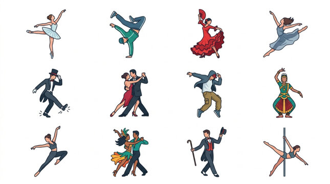 Diverse dancers performing various styles of dance in dynamic poses.