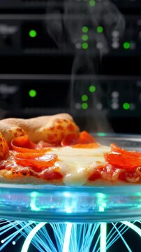 Steaming Slice of Cheese and Pepperoni Pizza Resting on Illuminated Liquid Cooling System