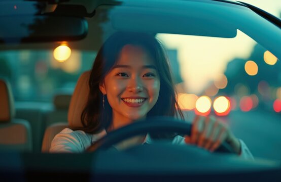 Young Asian woman smiles driving car city at dusk. Urban lifestyle, happiness, joy. Evening commute, city lights blur. Carefree travel, city exploration.