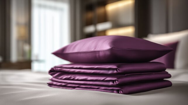 Stack of Neatly Folded Purple Silk Bedding and Pillow in a Modern Bedroom