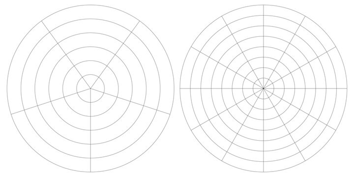 Coaching tool. Polar grid of 10 segments and 5 concentric circles. Circle diagram of lifestyle balance. Wheel of life template. Vector blank polar graph paper. Blank.