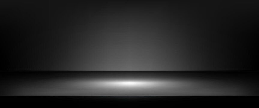 Empty black limbo background for podium. Light spot on floor for dark grey studio bg. Kitchen counter in elegant showroom for modern product placement. Blank countertop render with spotlight glow