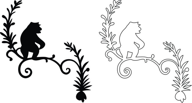Whimsical black and white silhouette of a bear sitting on a decorative branch animal