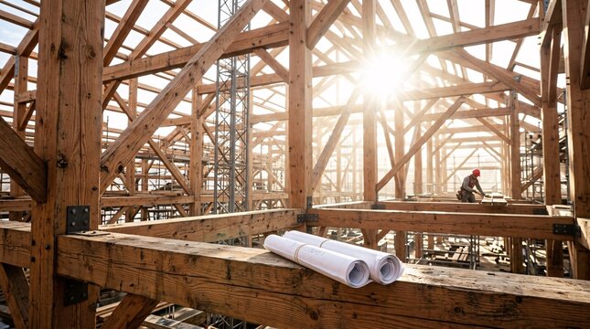 Heavy timber framework of a massive building under construction features rolled-up architectural blueprints resting on a wooden crossbeam.