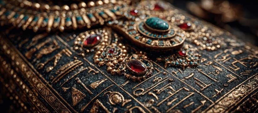 Close-up of ornate, jeweled ancient artifact with hieroglyphs
