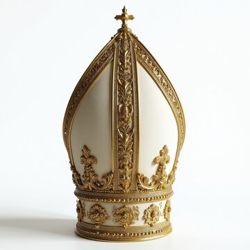 Ornate gold bishop mitre hat with tall crown and cross symbol. Religious ceremonial headwear with intricate patterns. Catholic church attire for worship.