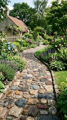 Obraz premium A picturesque cobblestone path winding through a lush green cottage garden.
