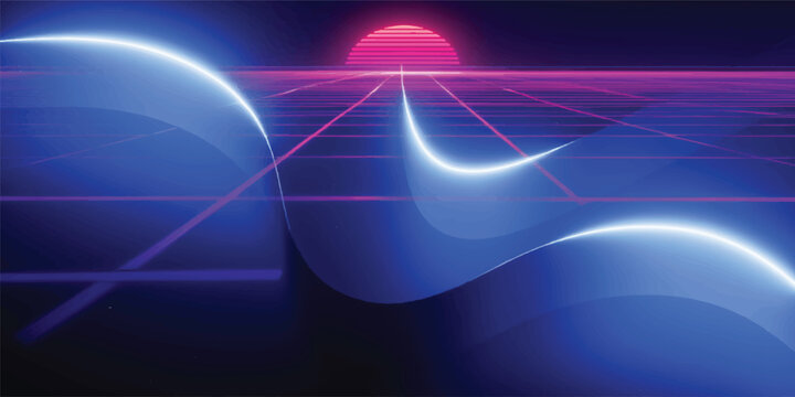 Retro sci fi sunset with neon grid and waves sci fi retro futurism futuristic abstract background synthwave vaporwave cyberpunk electric landscape computer generated geometric