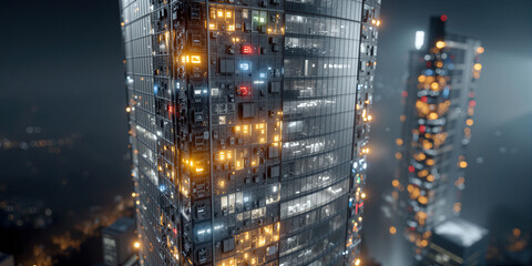 Fototapeta premium Tall apartment buildings radiate warmth amid distant cityscape under soft night fog
