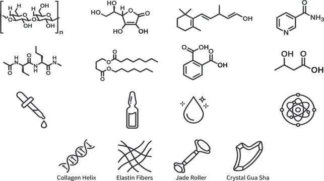 Skincare ingredients chemical formula line icon vector set with cosmetic science molecular structure and dermatology elements