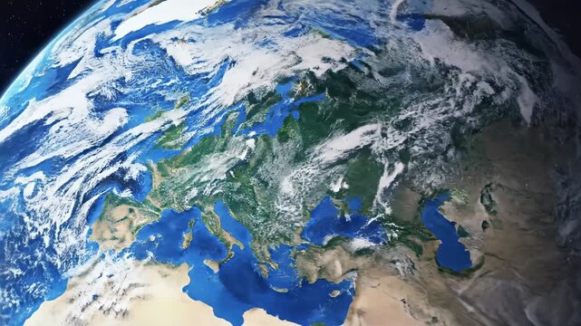 A detailed image of Earth from space with clouds, oceans, and stars
