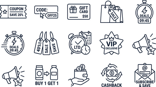 Shopping sales and promotional discount line icon vector set with retail marketing code and coupon elements for ecommerce website