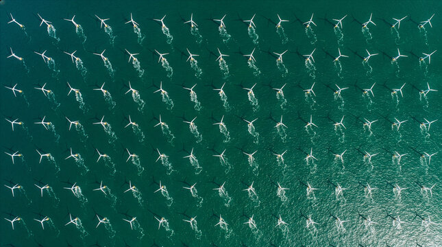 Nadir Aerial View of Offshore Wind Farm Grid on Emerald Ocean, Symmetrical Pattern