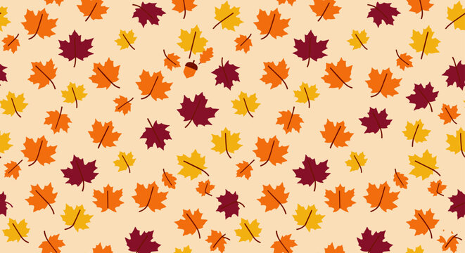 Seamless pattern with autumn leaves in warm fall colors on light background