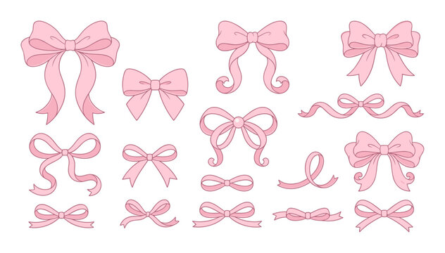 Collection of various pink decorative bows and ribbons in different shapes and styles for gift wrapping and decoration on transparent background