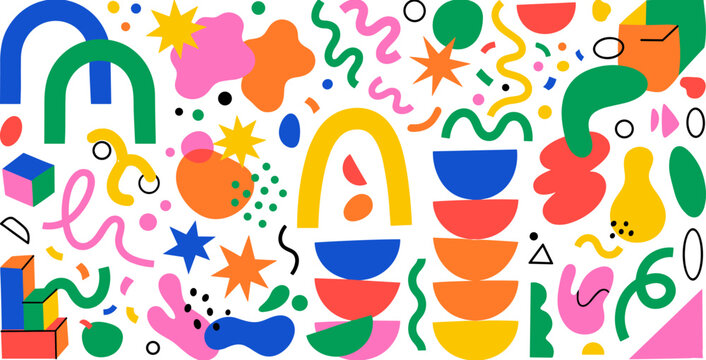 Colorful abstract seamless pattern with geometric shapes, squiggles, stars and organic forms in bright vibrant colors on transparent background
