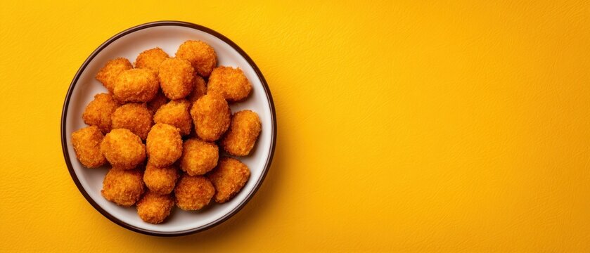 Crispy Golden Chicken Popcorn Nuggets in Bowl on Bright Yellow Background With Bold Crunchy Texture for Fun Fast Food Branding Campaign