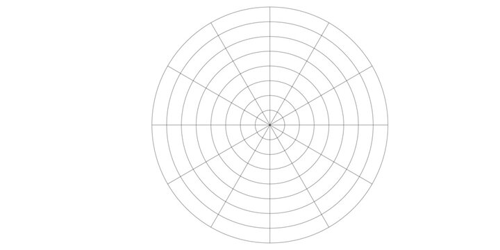 Coaching tool. Polar grid of 10 segments and 5 concentric circles. Circle diagram of lifestyle balance. Wheel of life template. Vector blank polar graph paper. Blank.