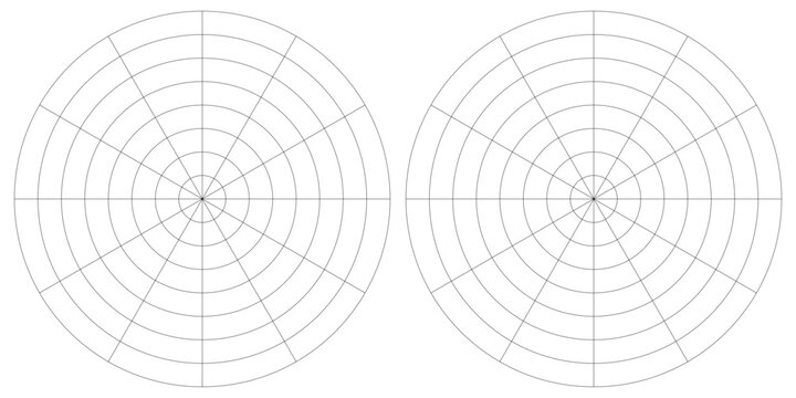 Coaching tool. Polar grid of 10 segments and 5 concentric circles. Circle diagram of lifestyle balance. Wheel of life template. Vector blank polar graph paper. Blank.