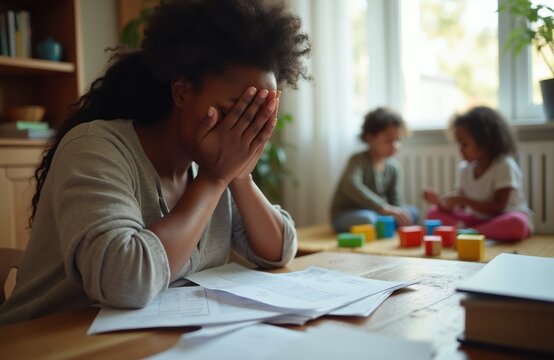 African American mother stressed over bills while children play. Woman covers face at table with paperwork. Family faces financial hardship budget crisis, domestic home life struggles.