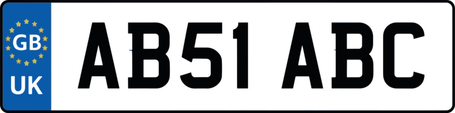 A front-facing UK vehicle registration plate featuring a blue EU symbol, GB and UK identifiers, and black alphanumeric text on a white background.