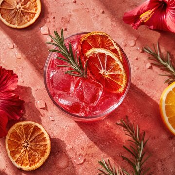 Cocktail rouge aux agrumes et hibiscus avec glace et romarin en vue de dessus