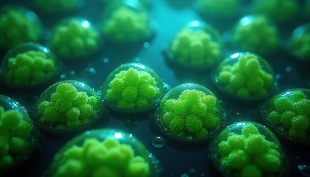 Microscopic view of vibrant green algae cells cultivating in aquatic environment. Tiny organisms multiply in water droplets under laboratory conditions. Biology research studies life.