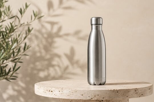Gourde inox minimaliste sur pi&eacute;destal en pierre avec ombres v&eacute;g&eacute;tales
