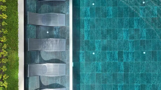Aerial Video Top View Poolside with Lounge Chairs in Line