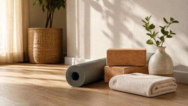 Coin yoga lumineux avec tapis roul&eacute; briques de li&egrave;ge et plantes naturelles