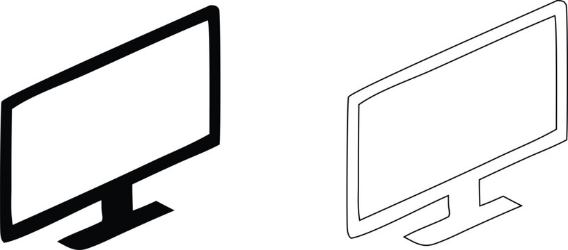 Black silhouette and outline of a computer monitor on a white background, desktop monitor