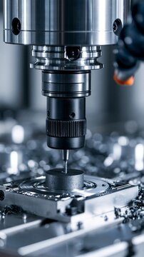 Medium shot of CNC milling machine shaping graphite anode blocks for small battery cells highlighting intricate precision and clean industrial environment.