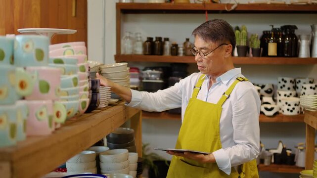 Portrait of Happy senior Asian man shop owner or entrepreneur wearing apron, using digital tablet to check ceramic tableware inventory and pottery product stock in small business boutique store