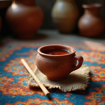 Clay cup holds fermented agave drink. Traditional beverage served in rustic pottery. Wooden stirrer rests beside terracotta vessel on patterned rug. Authentic cultural taste.