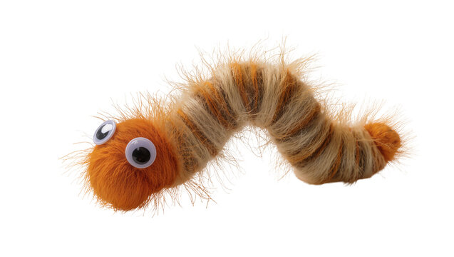 Fluffy orange and beige striped caterpillar toy with googly eyes