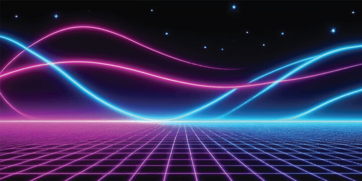 Neon grid landscape with waving light streams in pink and blue landscape futuristic synthwave vaporwave abstract cyberpunk background electric geometric illumination creative dynamism