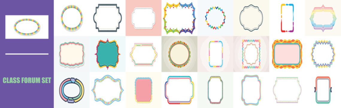 Ornate borders organized in a structured catalog provide a versatile selection of shapes and vibrant color palettes perfect for enhancing digital documents or printed stationery and event cards.