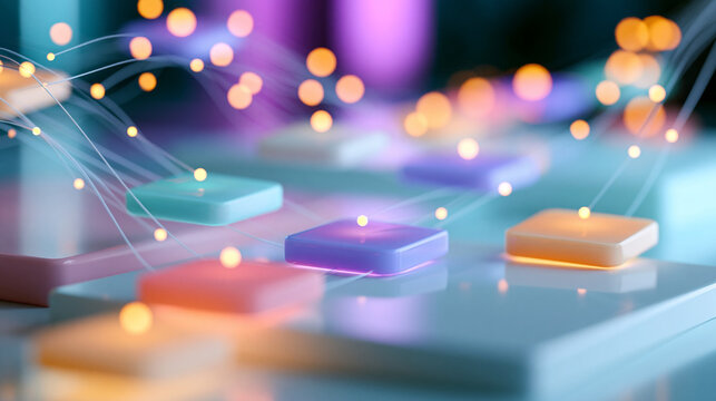 A glowing softly defocused customer journey hologram with floating touchpoint tiles drifts above a clean bright pastel platform customer journey faceless concept soft pastel