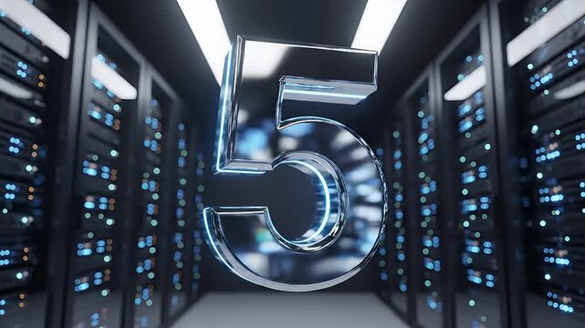 Futuristic Server Room with Glowing Number 5 Symbolizing Technology and Data.