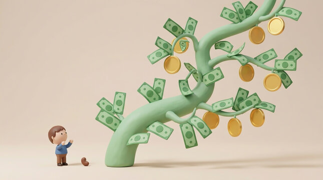 3D clay illustration of the fable Jack and the Beanstalk, with a man looking up at a giant beanstalk growing money and gold coins. Concept art for a money tree and rapid wealth growth.