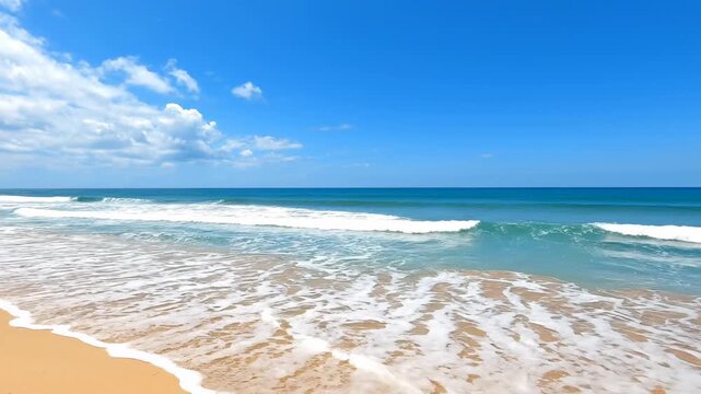 Sandy beach, waves, ocean, and blue sky with some fluffy clouds
