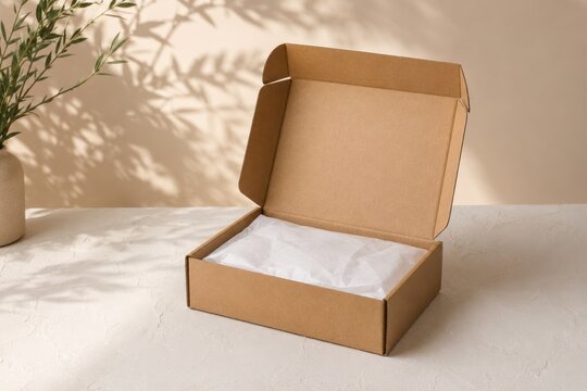 Bo&icirc;te carton ouverte avec papier de soie blanc en sc&egrave;ne packaging naturelle
