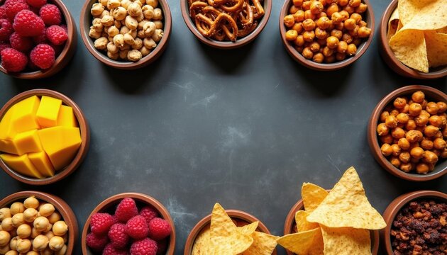 Assortment of snacks in bowls raspberries, chickpeas, pretzels, mango chunks, nachos. Ready for party, game night, or casual get-together with friends.