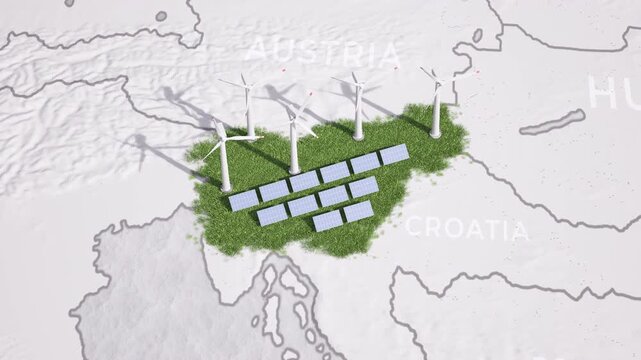 Animated map of Slovenia showing wind turbines and solar panels emerging from the green ground. 3D animation.