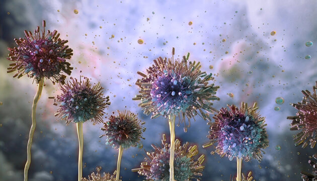 Mucormycosis mold in damp, humid environments. Mucor colonies, fungal spores, 3D. Toxic black mold contamination, aspergillus fungus allergen. Allergy illness, contagion, asthma disease health risk
