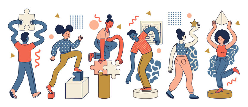 Business Teamwork Puzzle Solving Concept, Creative Flat Illustration of Diverse People Working Together on Strategy and Problem Solving, Modern Vector Graphic for Corporate Collaboration and Goal Achi
