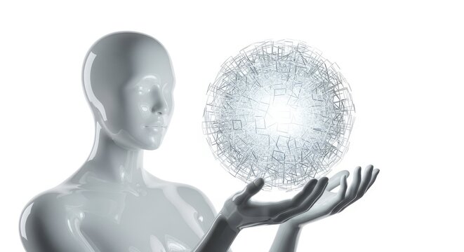 Faceless humanoid muse holding glowing particle sphere