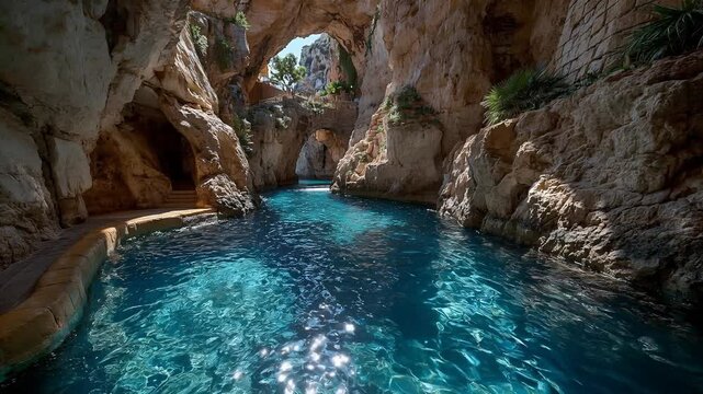 The turquoise water of the pool in the rock cave provides an exotic and relaxing backdrop for advertising luxury resorts, spa hotels and unique architectural projects.
