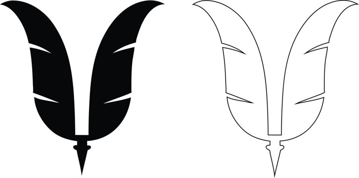 Stylized quill pen nib and feather silhouette and outline on white background writing