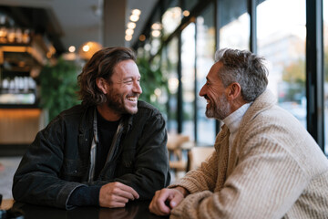 Obraz premium Gay Couple Engaging in Lively Conversation Over Coffee, Camaraderie and Warm Friendship, Social Connection in Stylish Café Setting, Relaxed and Positive Interaction in Modern Urban Café Environment